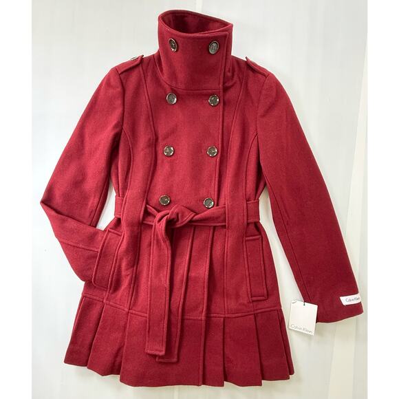 NEW CALVIN KLEIN Sz 2 Skirted Wool Trench Coat Pleated Double Breast Burgundy - Picture 7 of 9